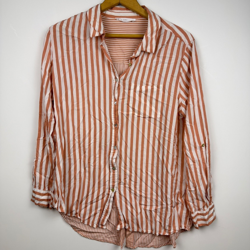 +DEL Womens Burnt Orange White Striped Button Down Shirt Loose Fit Layering L